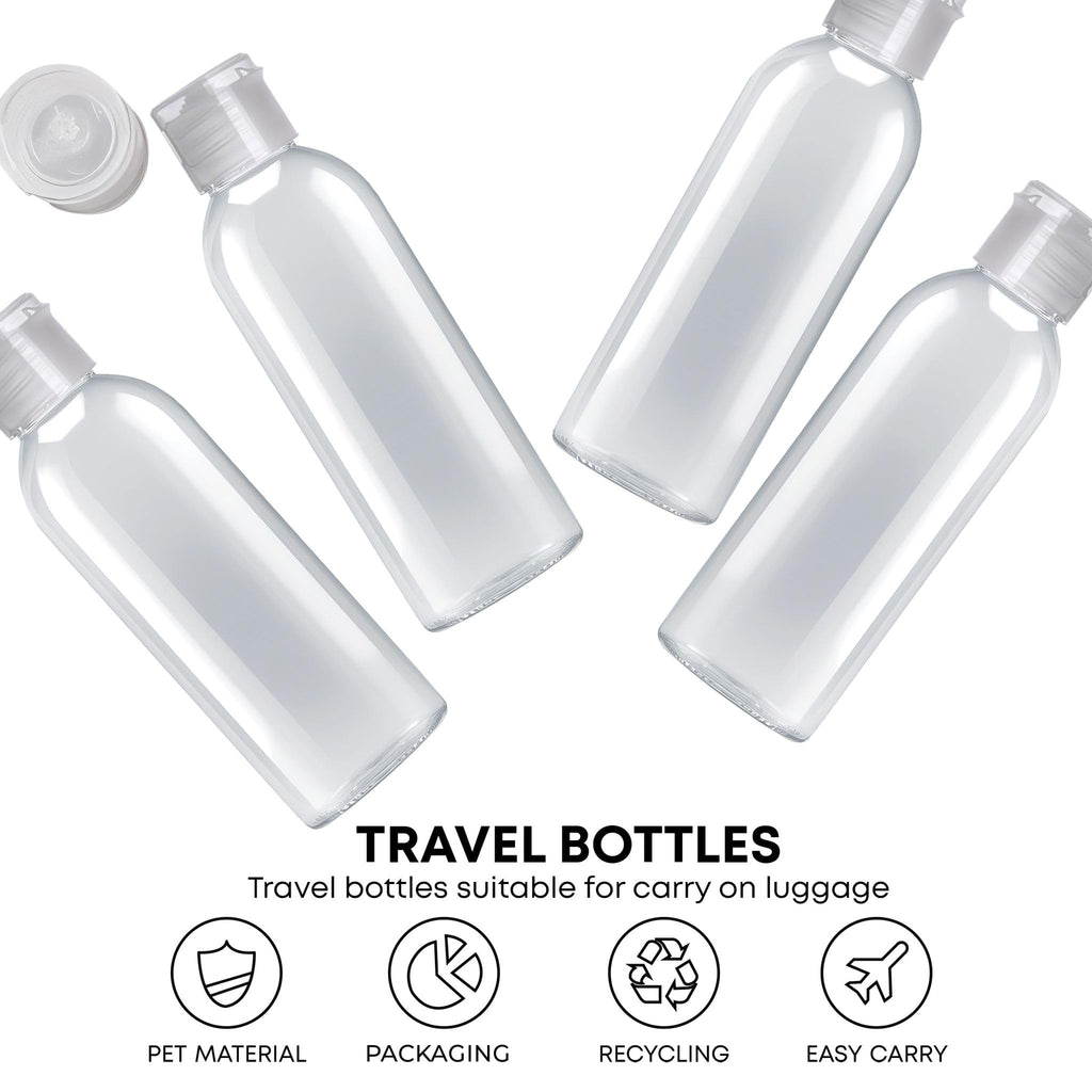 Palm Safe 4x 100ml Clear Plastic Travel Bottles - Empty Refillable Containers with Flip Cap - Leak Proof BPA Free Toiletries Storage - New