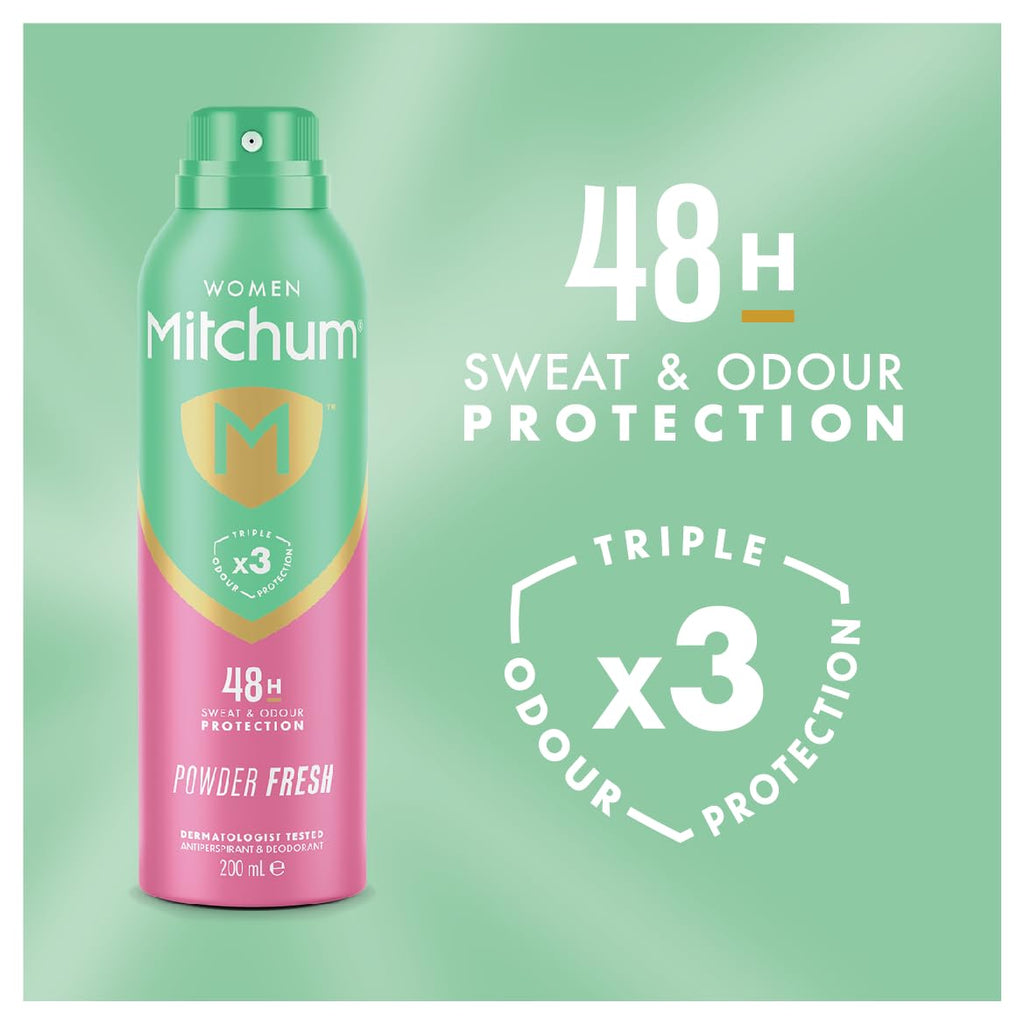 Mitchum Women Triple Odor Defense 48HR Protection Deodorant Spray & Antiperspirant (200ml), Powder Fresh - New
