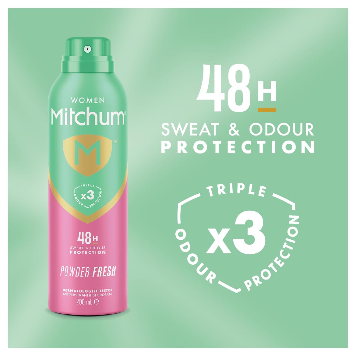 Mitchum Women Triple Odor Defense 48HR Protection Deodorant Spray & Antiperspirant (200ml), Powder Fresh - New