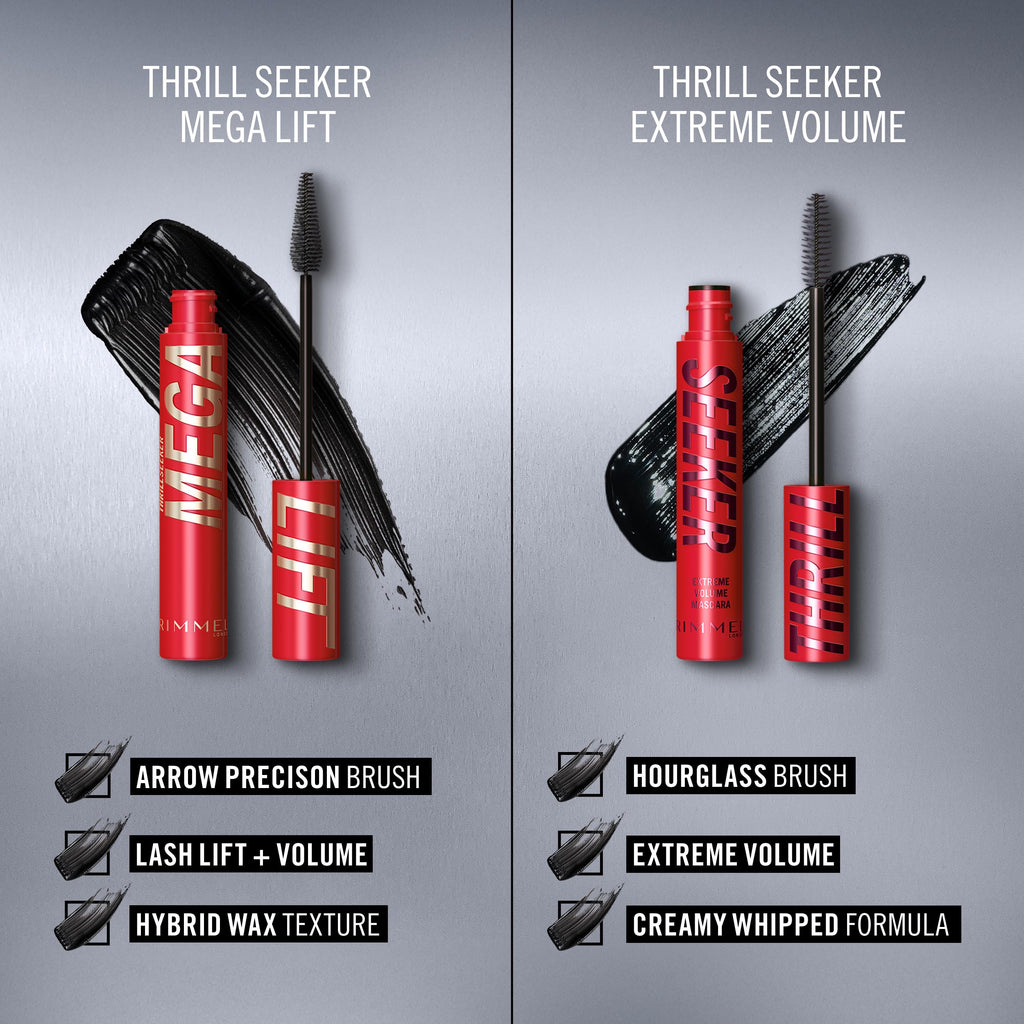 Thrill Seeker Mega Lift Mascara - Black 10ml - Ultra Volumising Long Wearing Smudge-Proof Flake-Free Clump-Free Cruelty Free - New