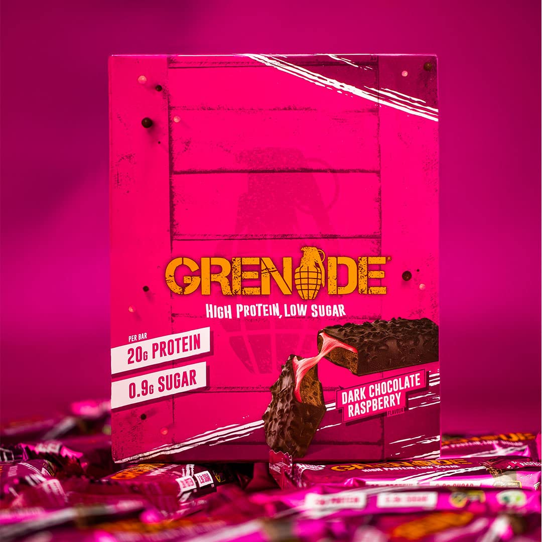 Grenade Dark Chocolate Raspberry Protein Bars - 12 x 60g High Protein Snack Bar Multipack - Damaged Box - BBE 03/2027