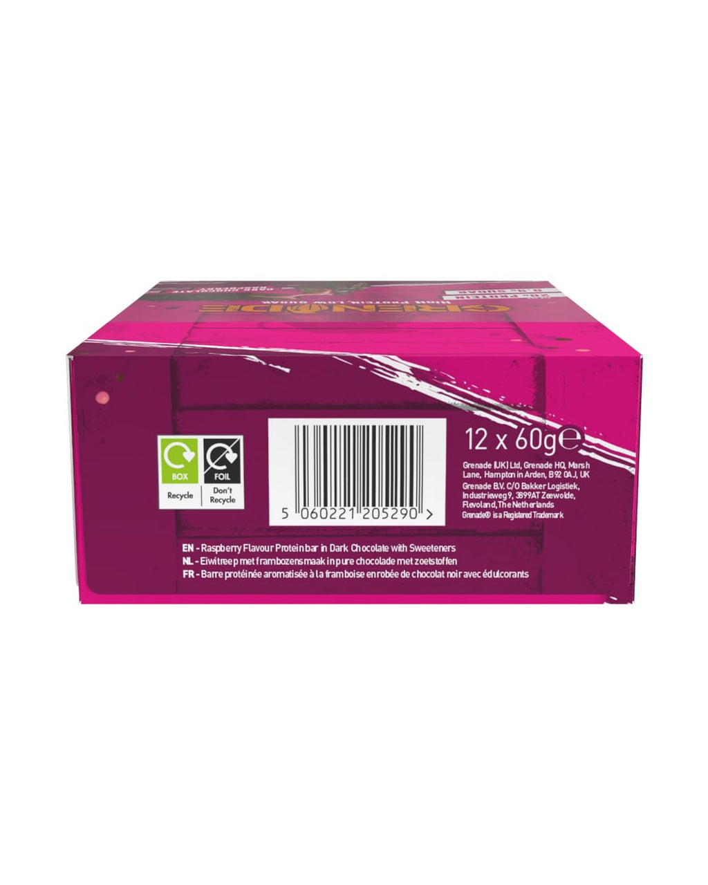 Grenade Dark Chocolate Raspberry Protein Bars - 12 x 60g High Protein Snack Bar Multipack - Damaged Box - BBE 03/2027