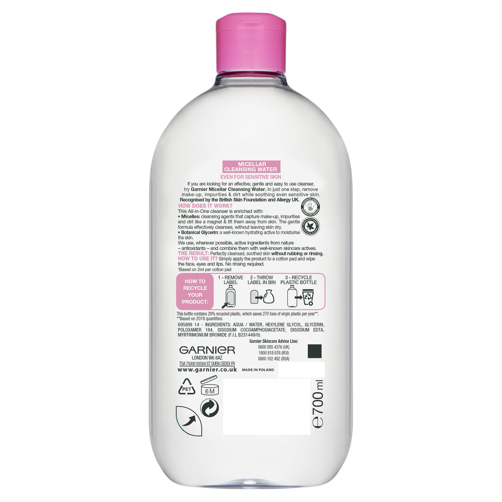 Garnier Micellar Water 700ml - All-in-One Face Cleanser Makeup Remover - Sensitive Skin - New