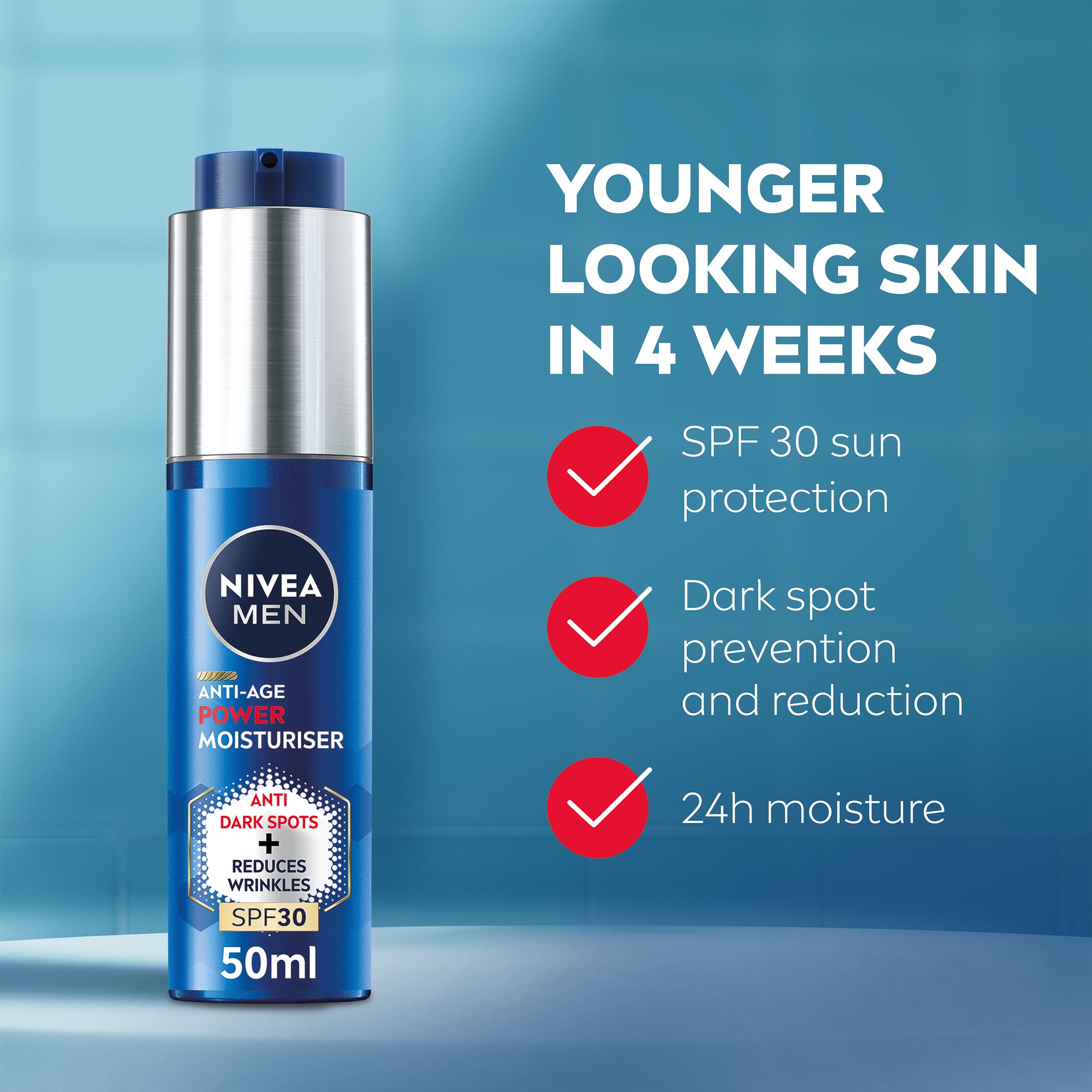NIVEA MEN Anti-Age 2in1 Power Moisturiser (50ml), With SPF 30, Thiamidol, and Hyaluronic Acid for Sun Protection, Dark Spot Prevention, and Younger-Looking Skin - New