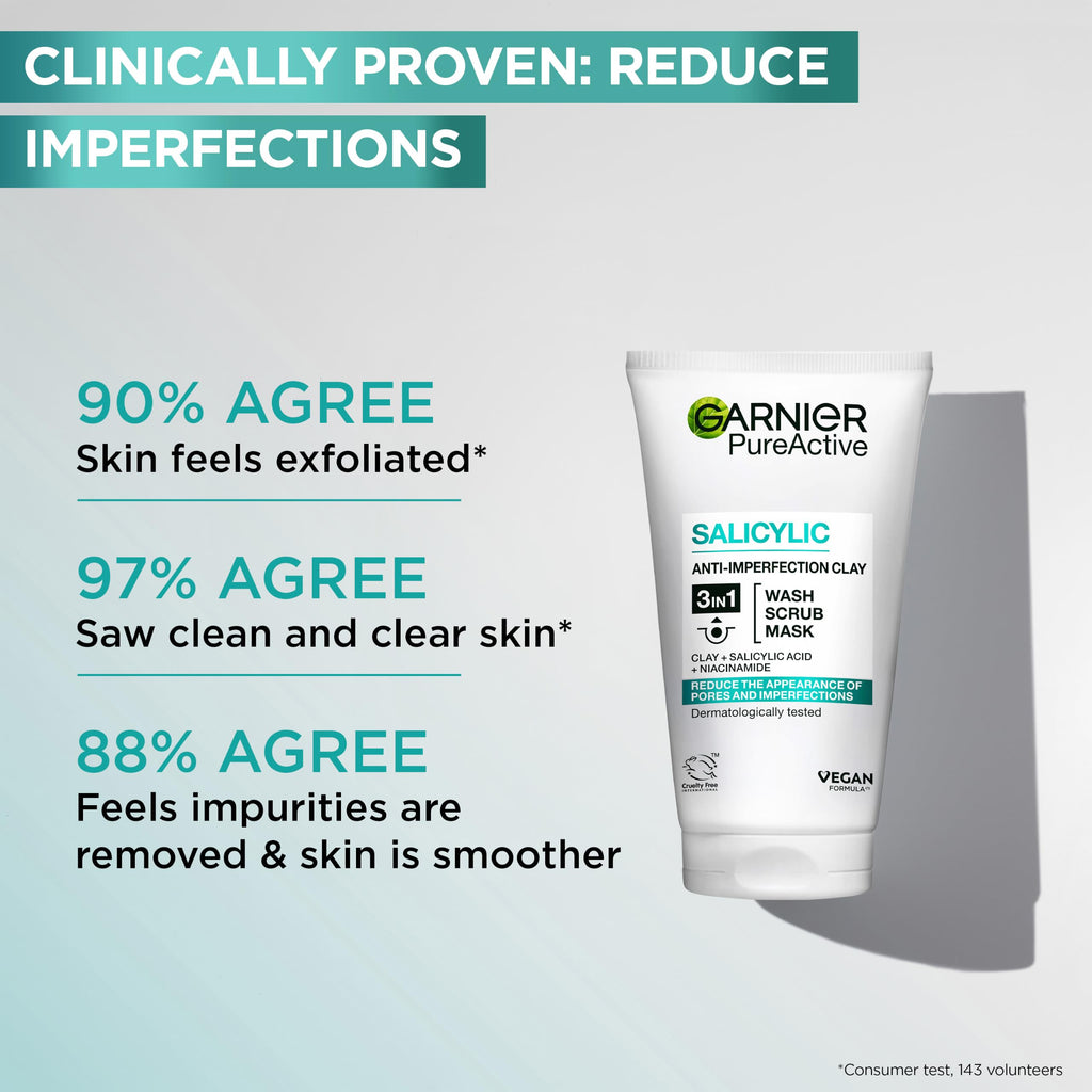 Garnier Pure Active 3in1 Clay Mask Wash Scrub - Oily Skin - 150ml - Cleansing Face Treatment - New