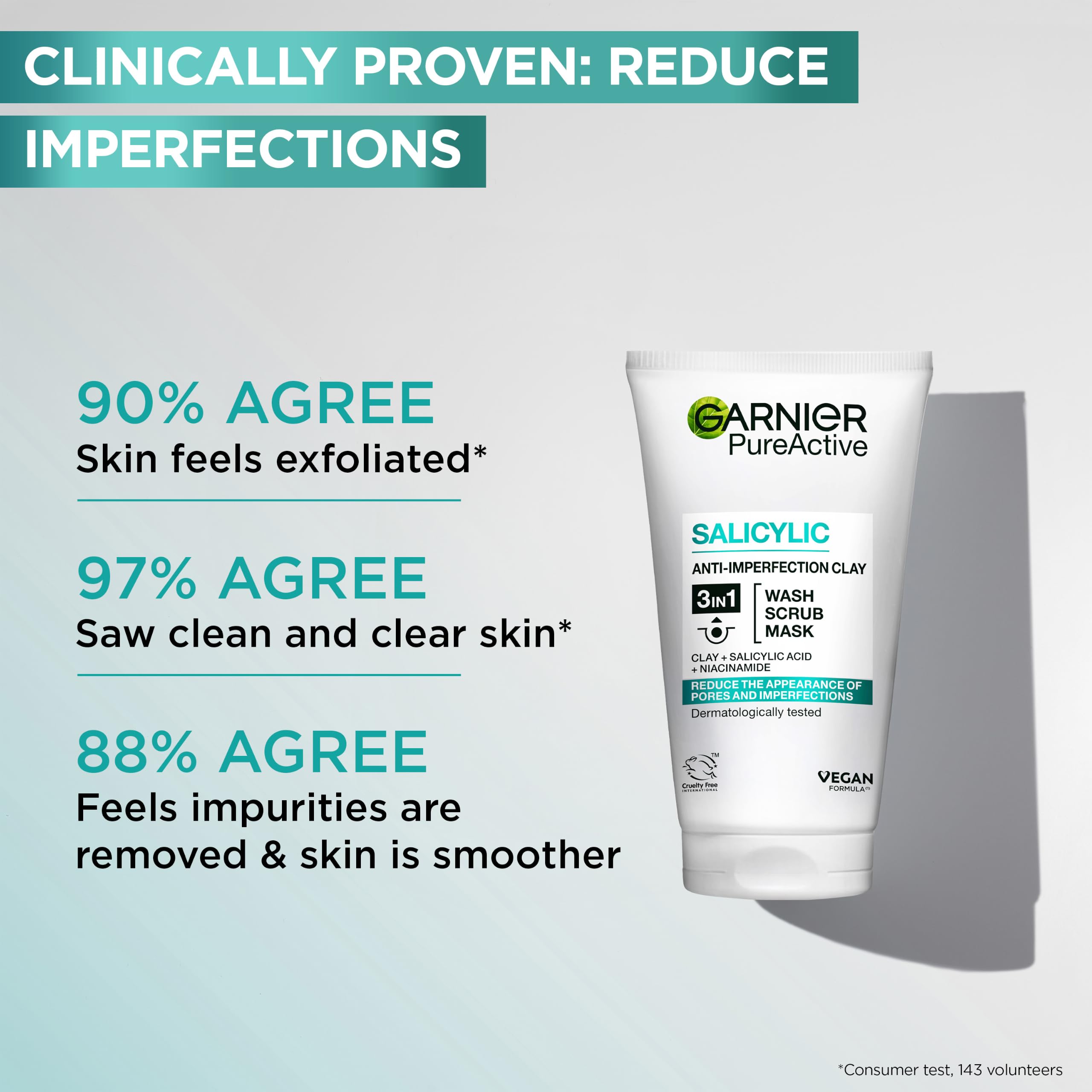 Garnier Pure Active 3in1 Clay Mask Wash Scrub - Oily Skin - 150ml - Cleansing Face Treatment - New