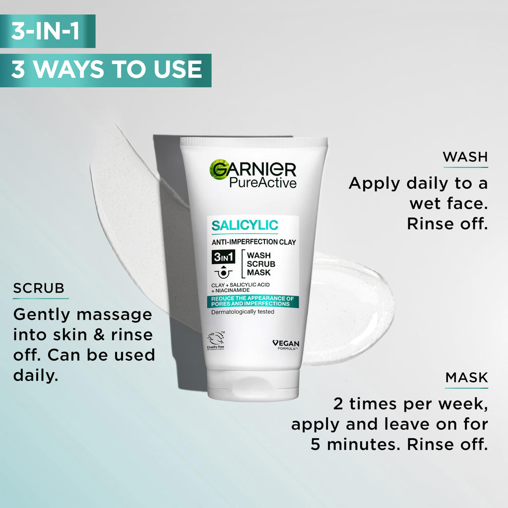 Garnier Pure Active 3in1 Clay Mask Wash Scrub - Oily Skin - 150ml - Cleansing Face Treatment - New