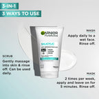 Garnier Pure Active 3in1 Clay Mask Wash Scrub - Oily Skin - 150ml - Cleansing Face Treatment - New