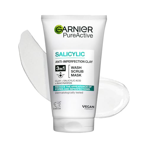 Garnier Pure Active 3in1 Clay Mask Wash Scrub - Oily Skin - 150ml - Cleansing Face Treatment - New