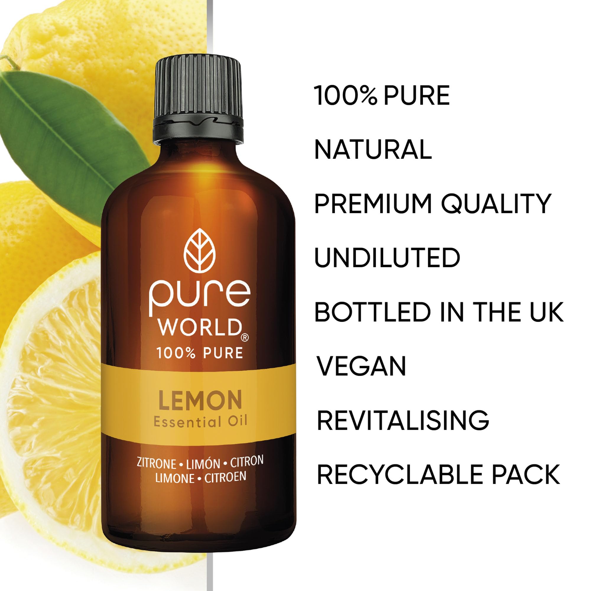 Pure World 100% Natural Lemon Essential Oil 100ml - Therapeutic Grade Pure Undiluted Bath Massage Aroma Diffuser - Damaged Box