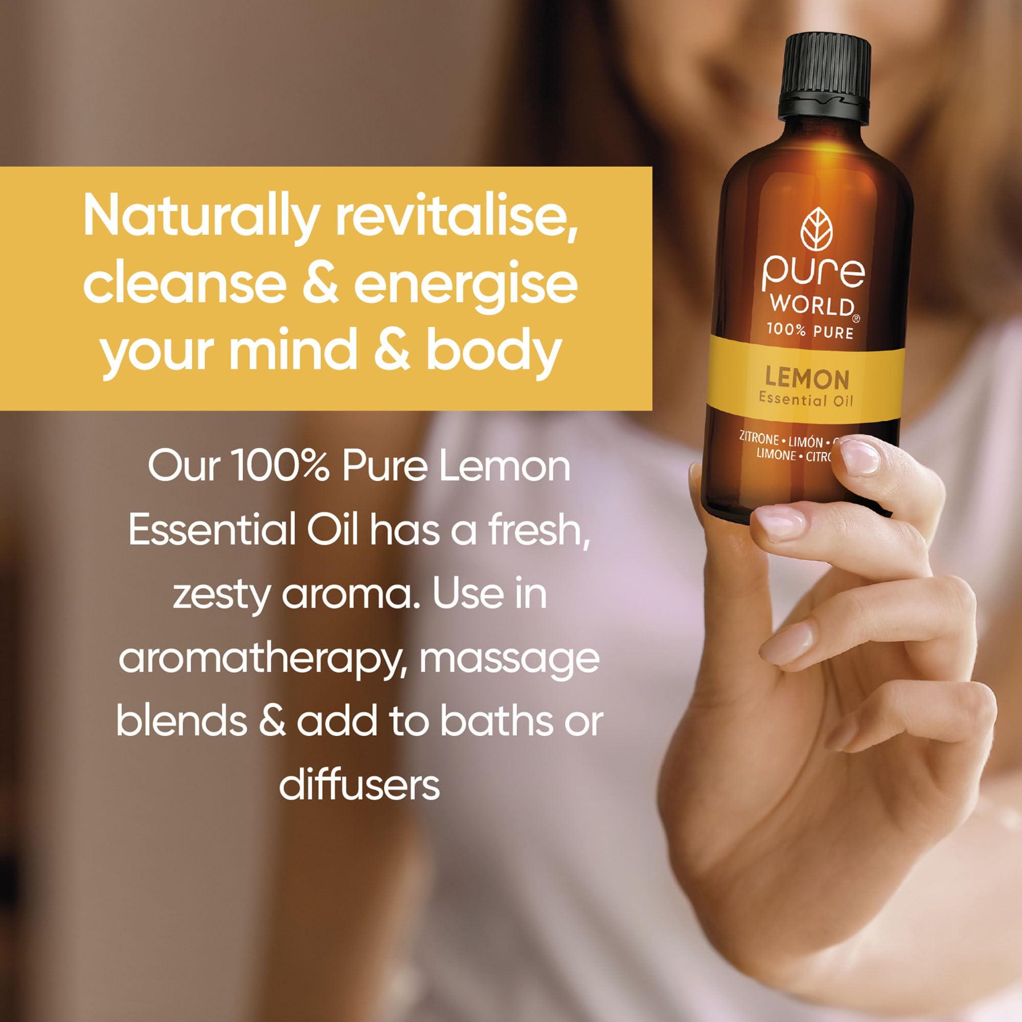 Pure World 100% Natural Lemon Essential Oil 100ml - Therapeutic Grade Pure Undiluted Bath Massage Aroma Diffuser - Damaged Box