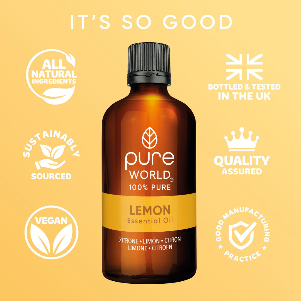 Pure World 100% Natural Lemon Essential Oil 100ml - Therapeutic Grade Pure Undiluted Bath Massage Aroma Diffuser - Damaged Box