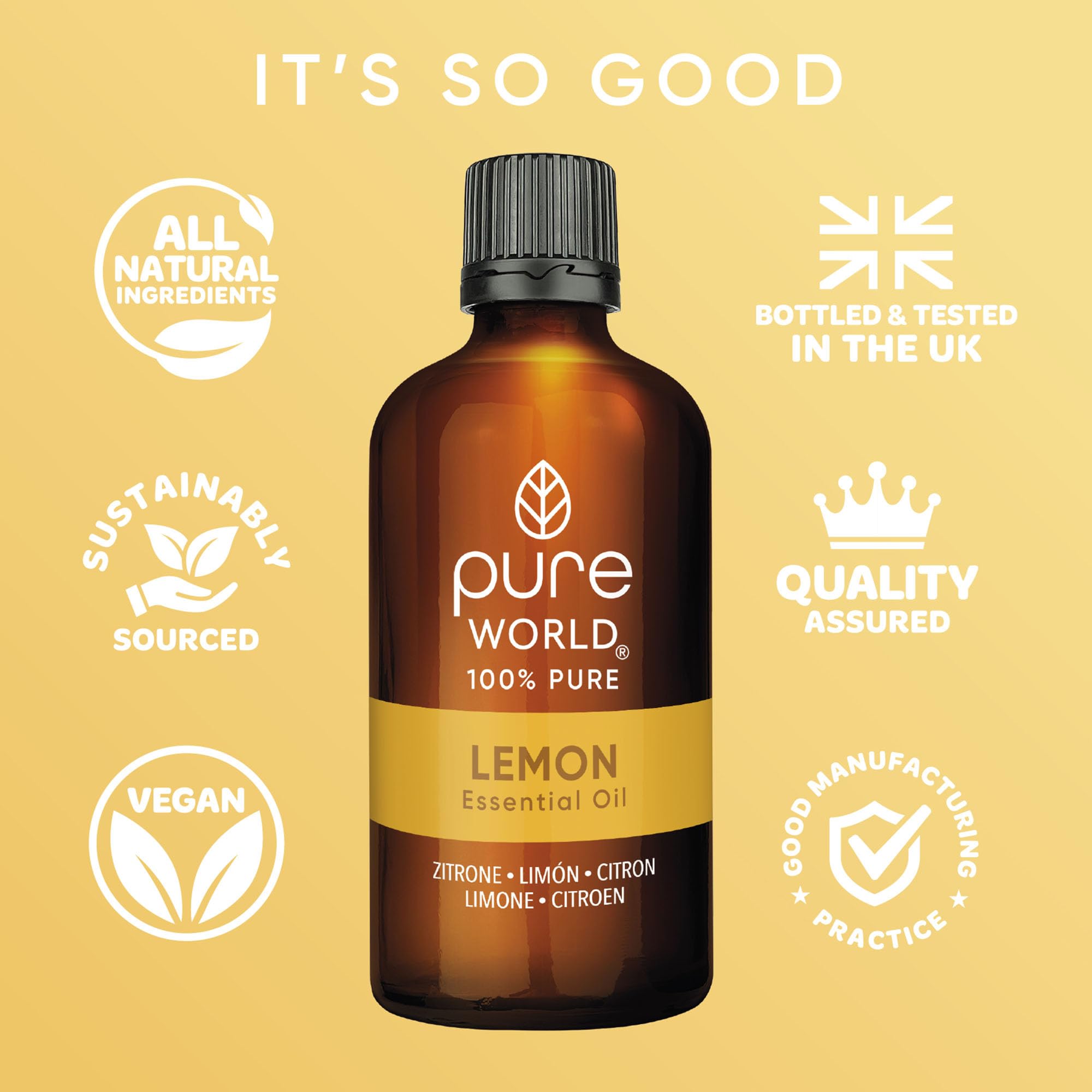 Pure World 100% Natural Lemon Essential Oil 100ml - Therapeutic Grade Pure Undiluted Bath Massage Aroma Diffuser - Damaged Box