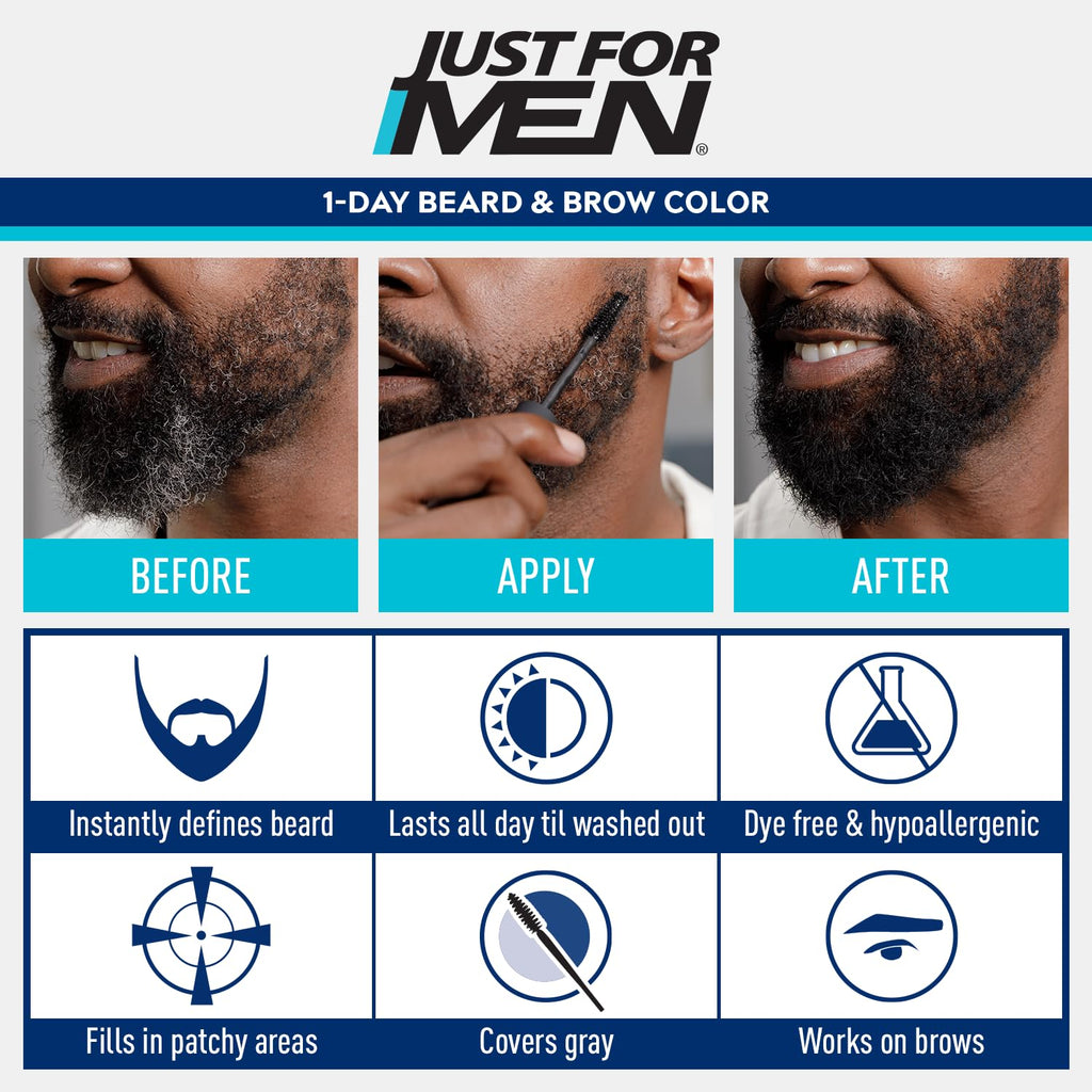 Just For Men Beard & Brow Colour - Real Black Brush-In Wash-Out Temporary Hair Dye - New