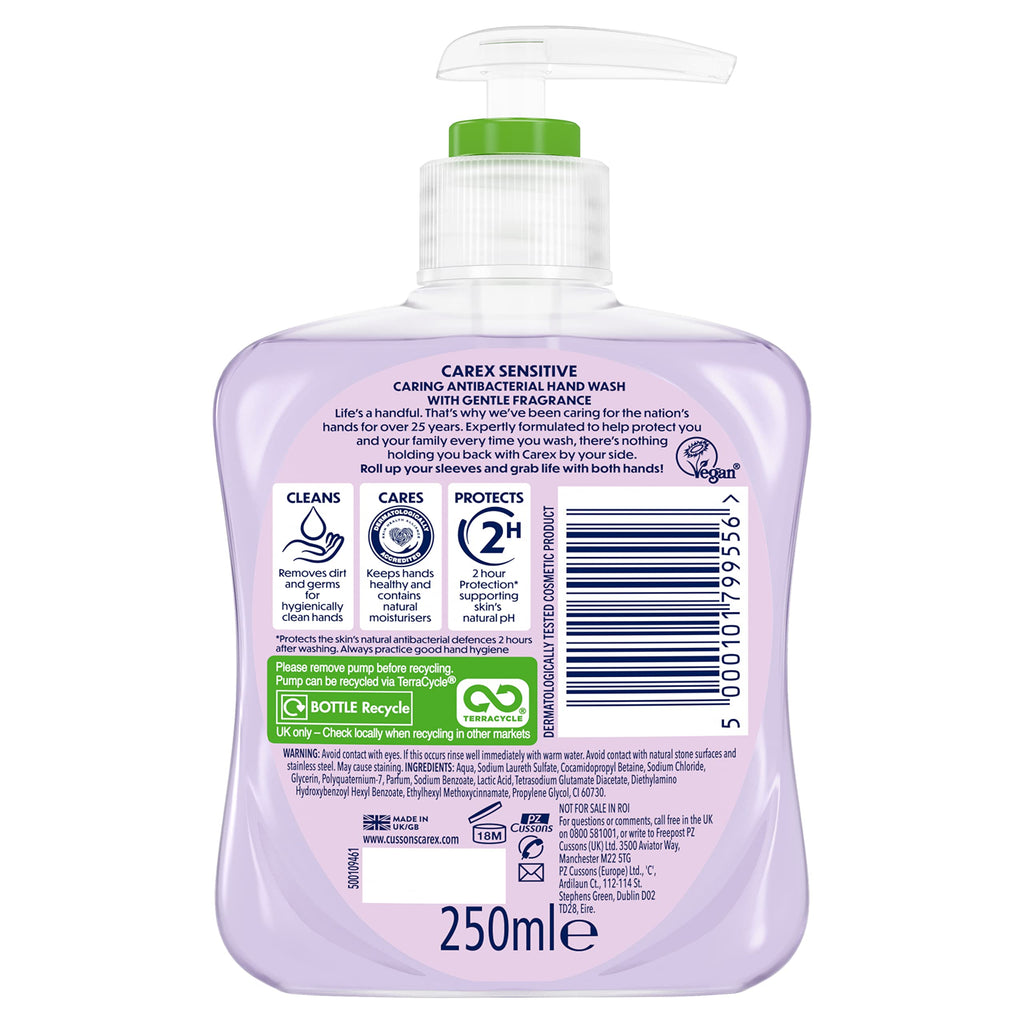 Carex Dermacare Sensitive Antibacterial Hand Wash Soap - Gentle Skin Protection - 6 x 250ml Bulk Pack - New