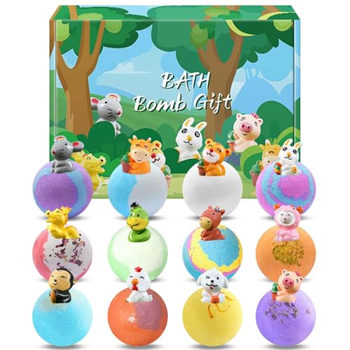 Kids Bath Bombs 12 Pcs with Animal Surprise - Organic Natural Spa Fizzies Gift Set for Girls & Boys - Christmas Birthday - Damaged Box - BBE 03/2029