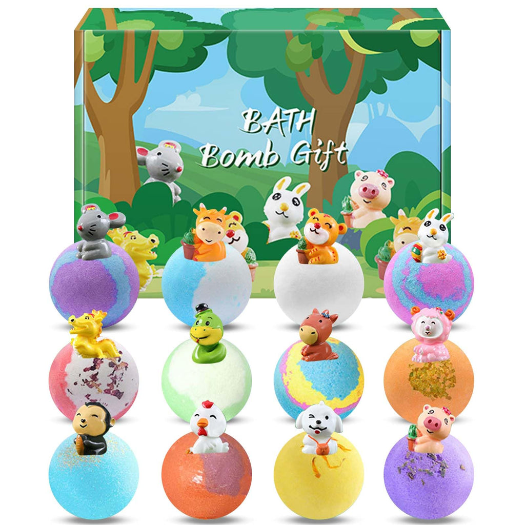 Kids Bath Bombs 12 Pcs with Animal Surprise - Organic Natural Spa Fizzies Gift Set for Girls & Boys - Christmas Birthday - Damaged Box - BBE 03/2029