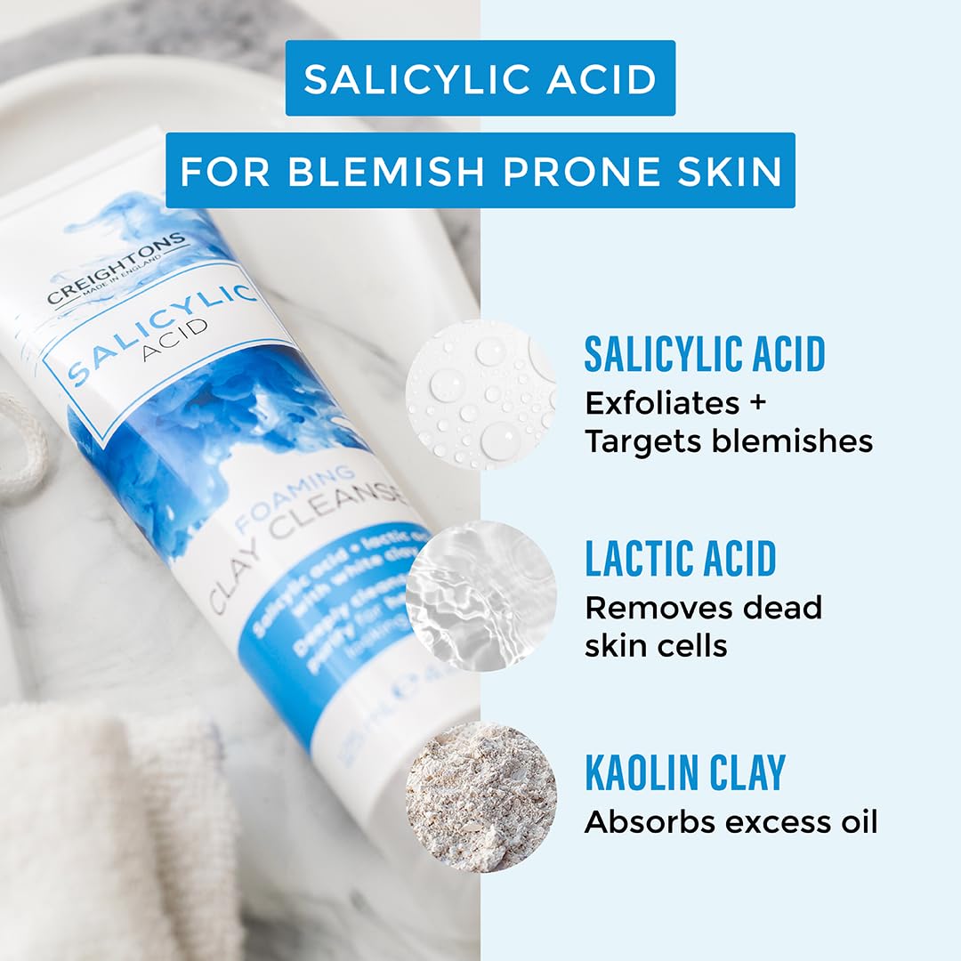 Creightons Salicylic Acid Foaming Clay Cleanser 125ml - Lactic Acid White Clay Deep Cleanse Purify Face Wash - New