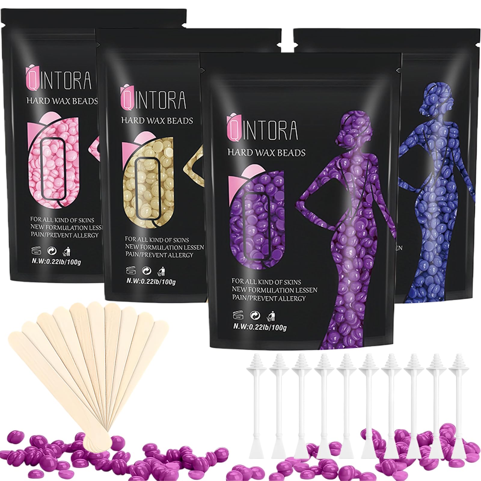Qintora Hard Wax Beads - 400g Stripless Hot Wax for Hair Removal - Body, Brazilian, Bikini, Face, Legs, Eyebrow - 10 Applicators - New