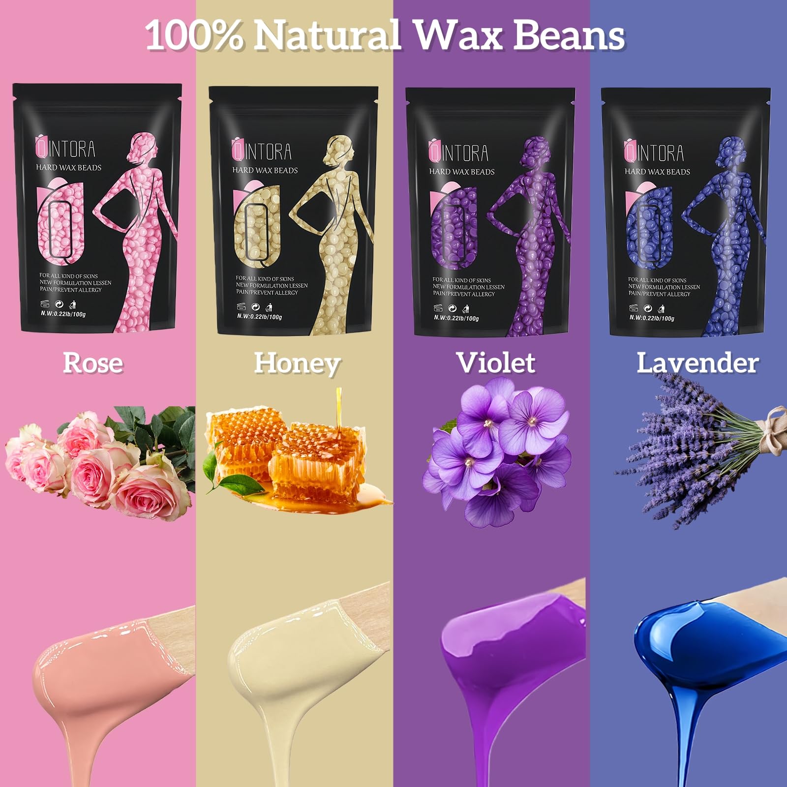 Qintora Hard Wax Beads - 400g Stripless Hot Wax for Hair Removal - Body, Brazilian, Bikini, Face, Legs, Eyebrow - 10 Applicators - New