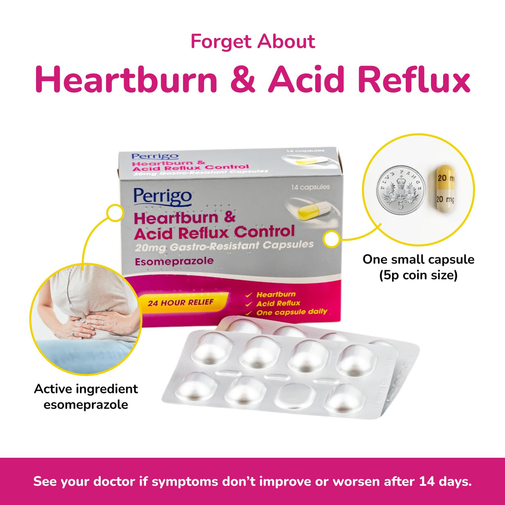 Esomeprazole 20mg Heartburn Acid Reflux Control 14 Capsules - 24 Hour Relief Medication - Damaged Box - BBE 06/2027