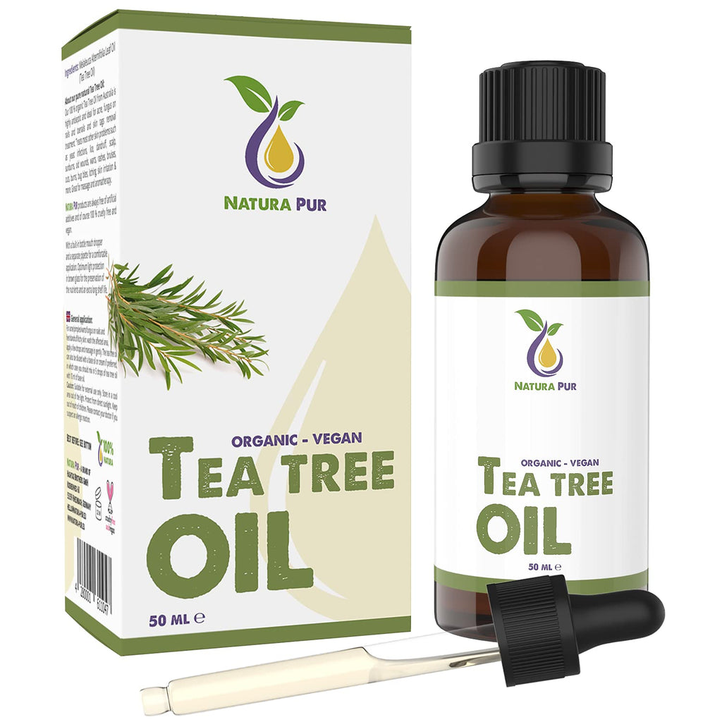 Organic Tea Tree Oil 50ml with Pipette - 100% Pure Undiluted Essential Oil for Skin, Nails, Hair, Aromatherapy, Diffuser - Damaged Box