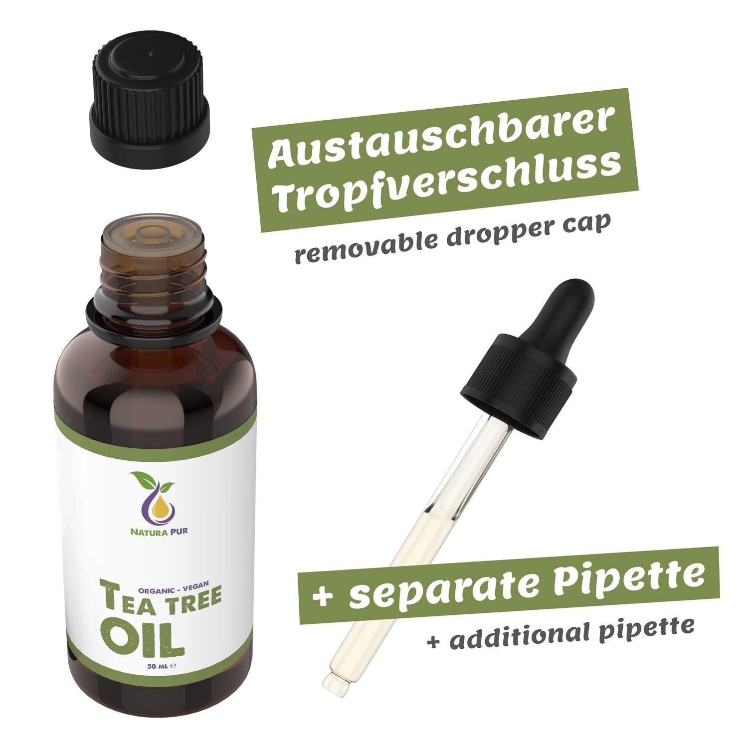 Organic Tea Tree Oil 50ml with Pipette - 100% Pure Undiluted Essential Oil for Skin, Nails, Hair, Aromatherapy, Diffuser - Damaged Box