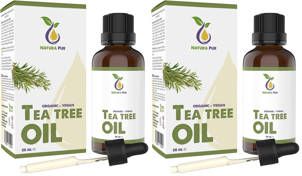 Organic Tea Tree Oil 50ml with Pipette - 100% Pure Undiluted Essential Oil for Skin, Nails, Hair, Aromatherapy, Diffuser - Damaged Box