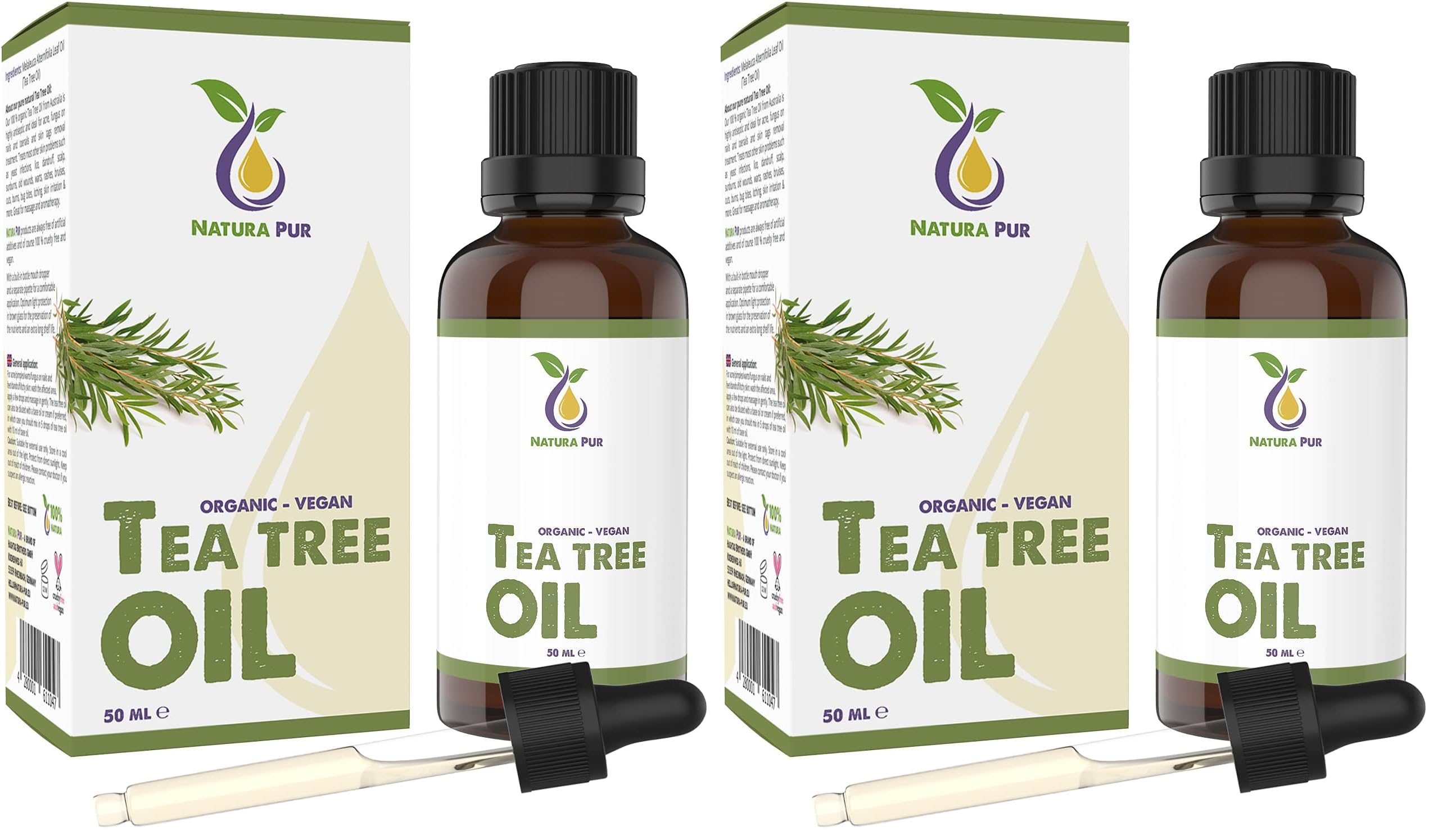 Organic Tea Tree Oil 50ml with Pipette - 100% Pure Undiluted Essential Oil for Skin, Nails, Hair, Aromatherapy, Diffuser - Damaged Box