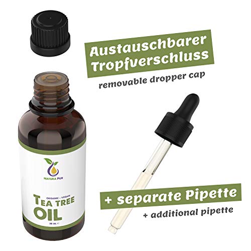 Organic Tea Tree Oil 50ml with Pipette - 100% Pure Undiluted Essential Oil for Skin, Nails, Hair, Aromatherapy, Diffuser - Damaged Box