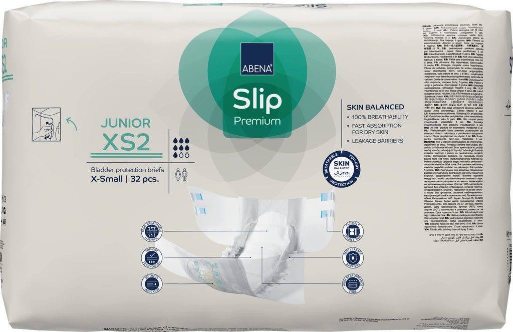 Abena Slip Premium Junior Nappies - Size 7 XS2 - 40-60cm Waist - Eco-Labelled Leakage Protection - 32 Pack - Damaged Box