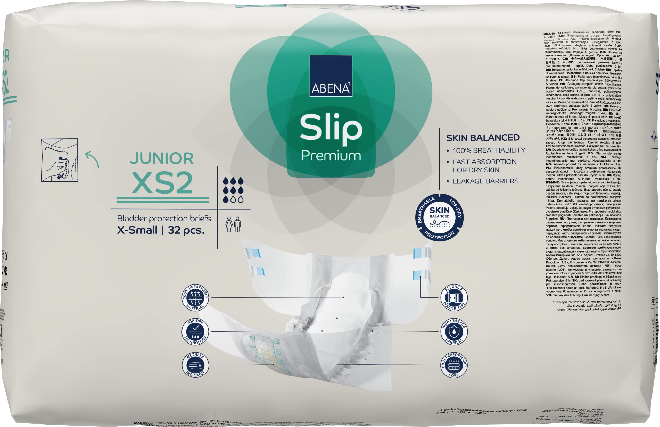 Abena Slip Premium Junior Nappies - Size 7 XS2 - 40-60cm Waist - Eco-Labelled Leakage Protection - 32 Pack - Damaged Box