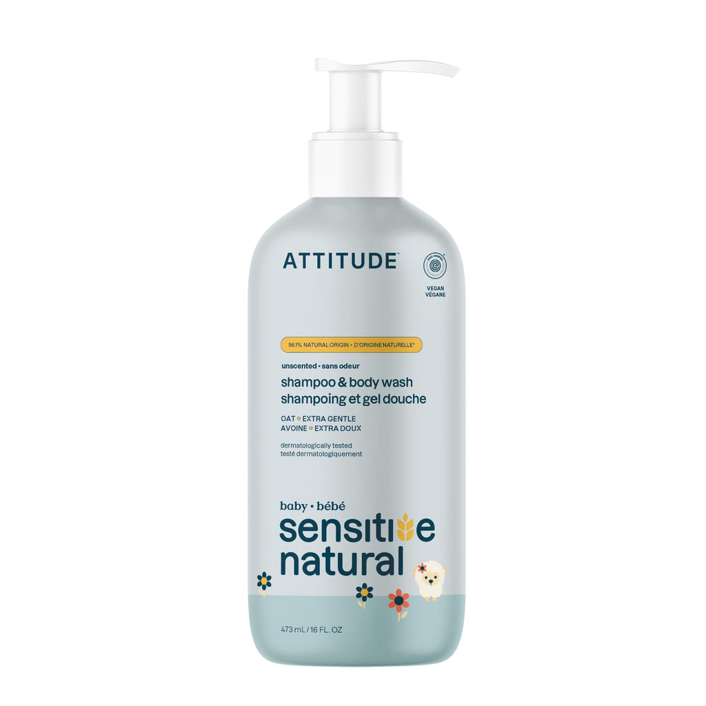 ATTITUDE 2-in-1 Baby Shampoo & Body Wash - Sensitive Skin, Unscented, Oat, EWG Verified, Vegan, 473 mL - Damaged Box