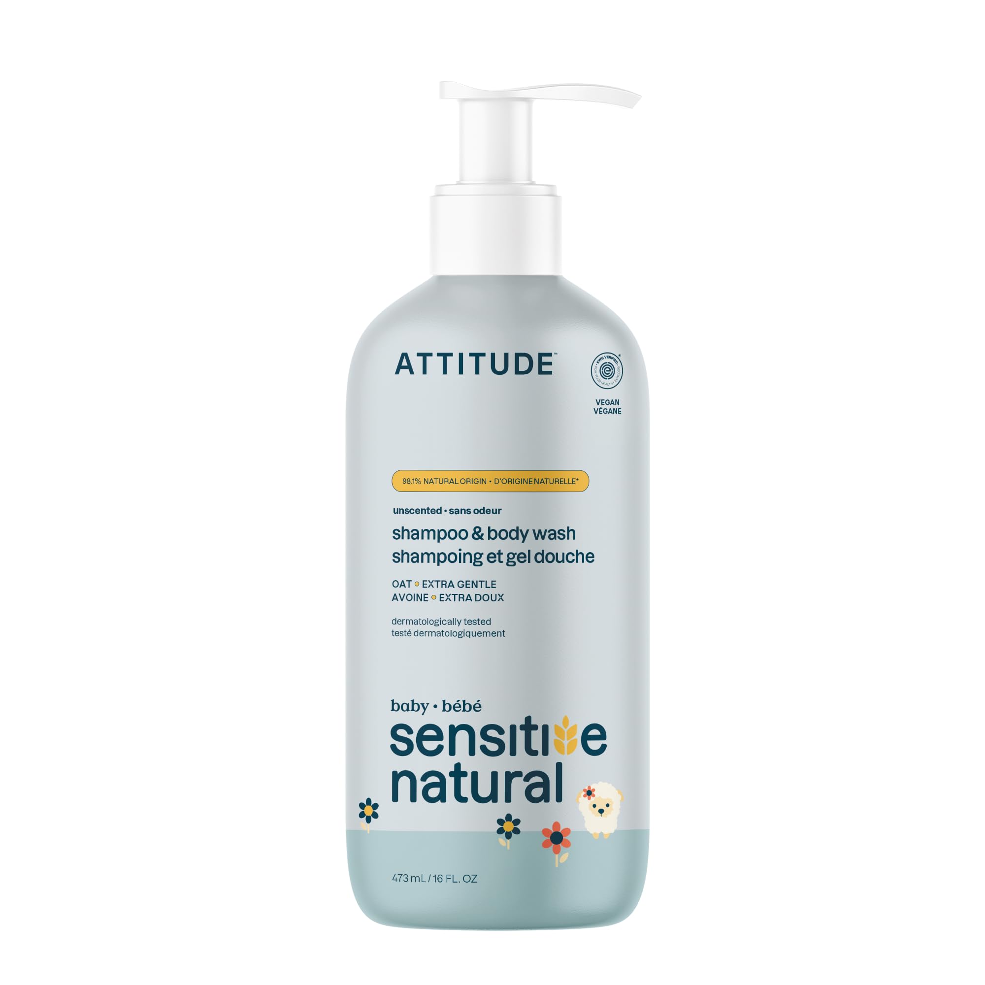 ATTITUDE 2-in-1 Baby Shampoo & Body Wash - Sensitive Skin, Unscented, Oat, EWG Verified, Vegan, 473 mL - Damaged Box
