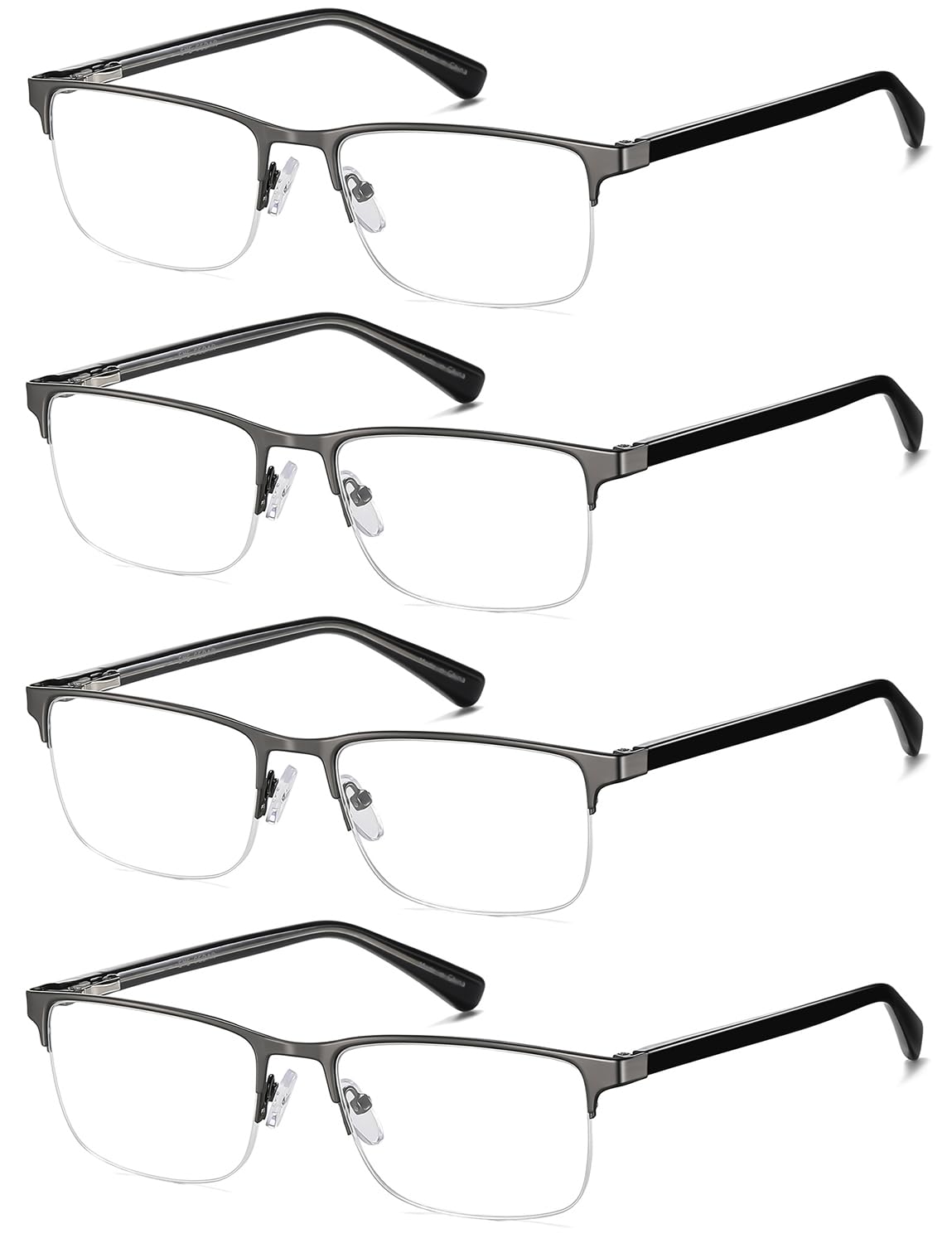 EYECEDAR 4-Pack Reading Glasses - Gunmetal Rectangle Style Readers for Men & Women +1.5 Magnification Spring Hinges - Damaged Box