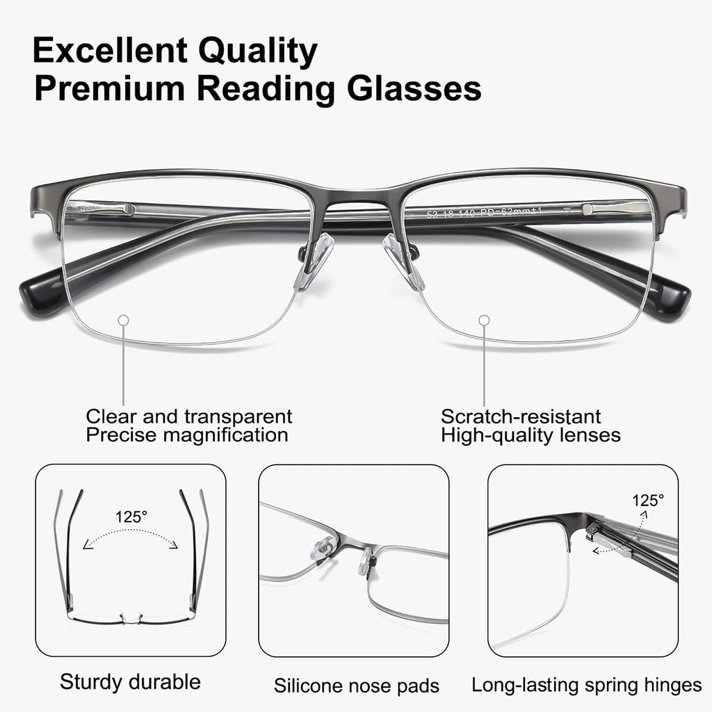 EYECEDAR 4-Pack Reading Glasses - Gunmetal Rectangle Style Readers for Men & Women +1.5 Magnification Spring Hinges - Damaged Box