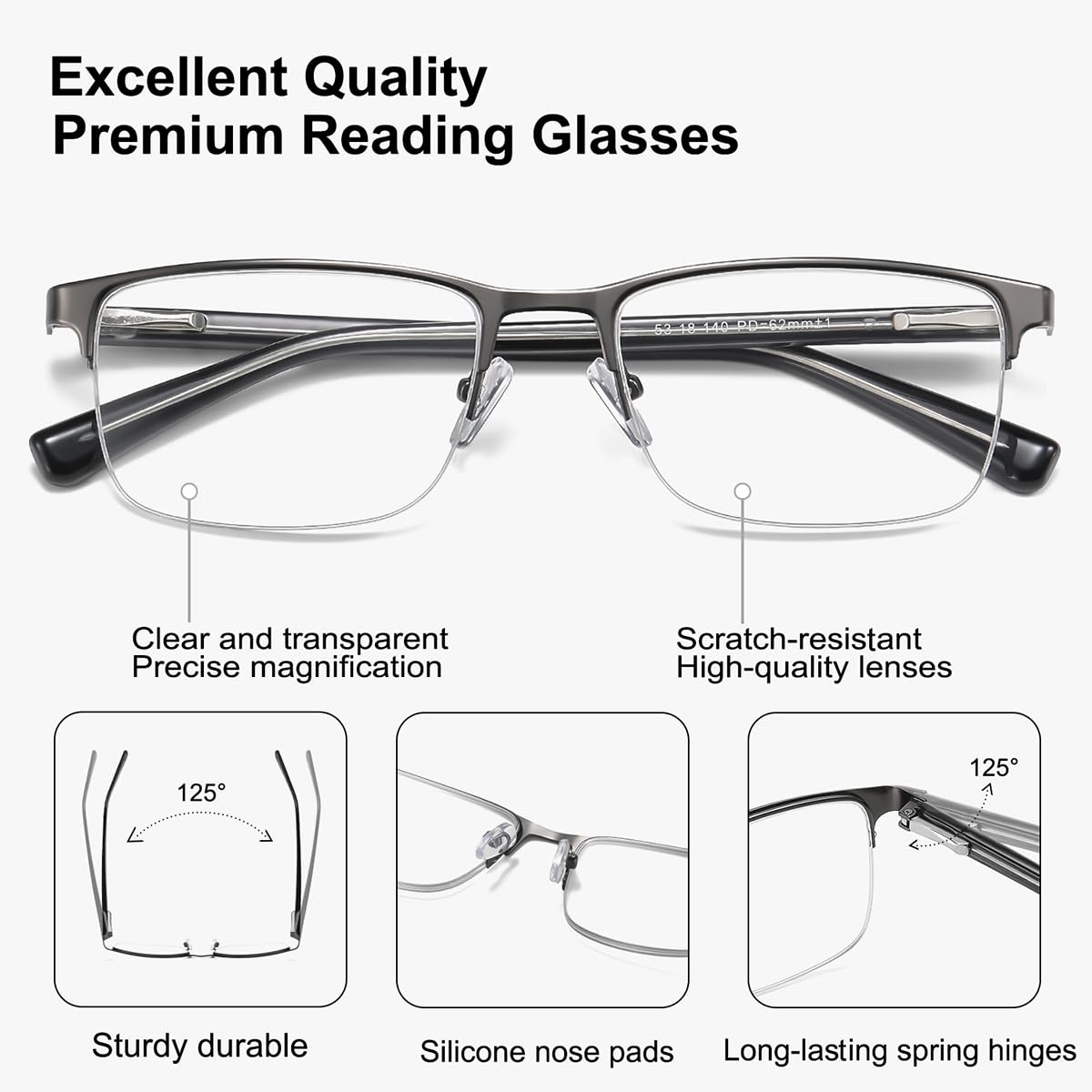 EYECEDAR 4-Pack Reading Glasses - Gunmetal Rectangle Style Readers for Men & Women +1.5 Magnification Spring Hinges - Damaged Box