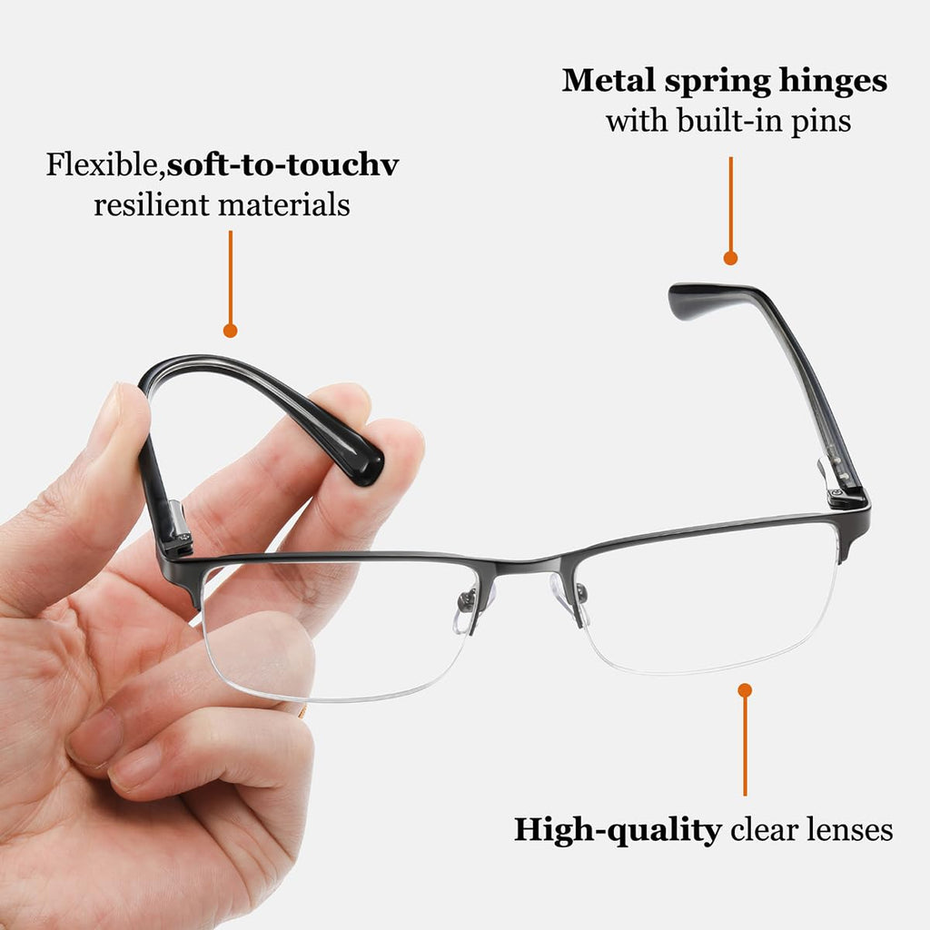 EYECEDAR 4-Pack Reading Glasses - Gunmetal Rectangle Style Readers for Men & Women +1.5 Magnification Spring Hinges - Damaged Box