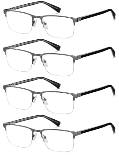EYECEDAR 4-Pack Reading Glasses - Gunmetal Rectangle Style Readers for Men & Women +1.5 Magnification Spring Hinges - Damaged Box