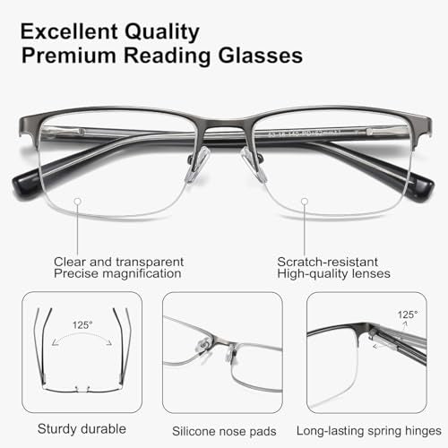 EYECEDAR 4-Pack Reading Glasses - Gunmetal Rectangle Style Readers for Men & Women +1.5 Magnification Spring Hinges - Damaged Box