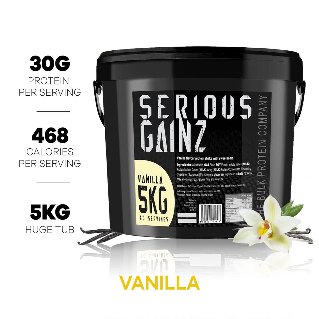 The Bulk Protein Company Serious Gainz Whey Protein Powder - Weight Mass Gainer - Vanilla 5kg - 30g Protein - Damaged Box - BBE 05/2029