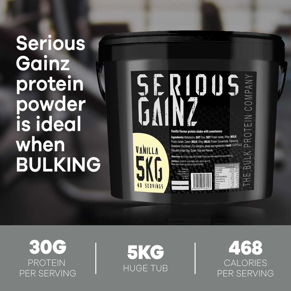 The Bulk Protein Company Serious Gainz Whey Protein Powder - Weight Mass Gainer - Vanilla 5kg - 30g Protein - Damaged Box - BBE 05/2029