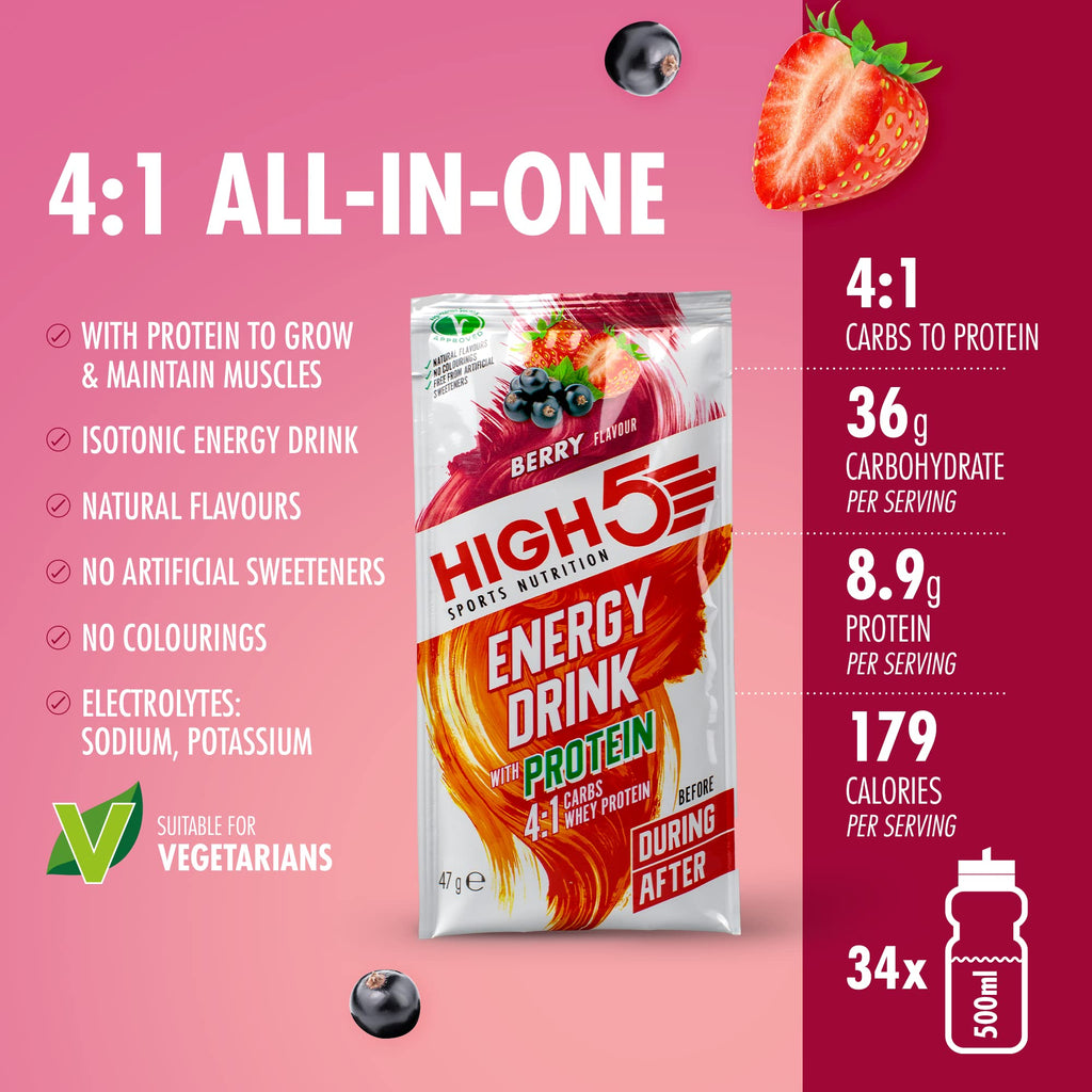 HIGH5 Energy Drink with Protein 4:1 Carbohydrate Blend - Electrolytes, Endurance, Cycling, Running Fuel - Berry - 12 x 47g Sachets - Damaged Box - BBE 08/2026