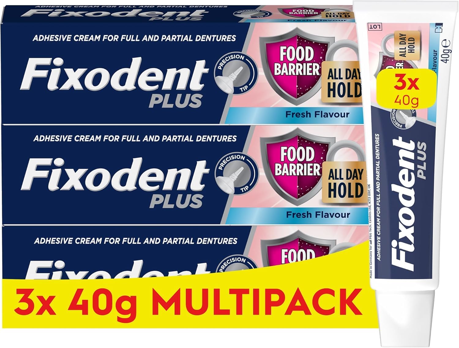 Fixodent Plus Food Barrier Denture Adhesive - Fresh Flavour 40g x 3 Multipack - Strong Hold Cream - New - BBE 07/2027