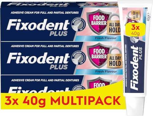 Fixodent Plus Food Barrier Denture Adhesive - Fresh Flavour 40g x 3 Multipack - Strong Hold Cream - New - BBE 07/2027