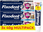 Fixodent Plus Food Barrier Denture Adhesive - Fresh Flavour 40g x 3 Multipack - Strong Hold Cream - New - BBE 07/2027