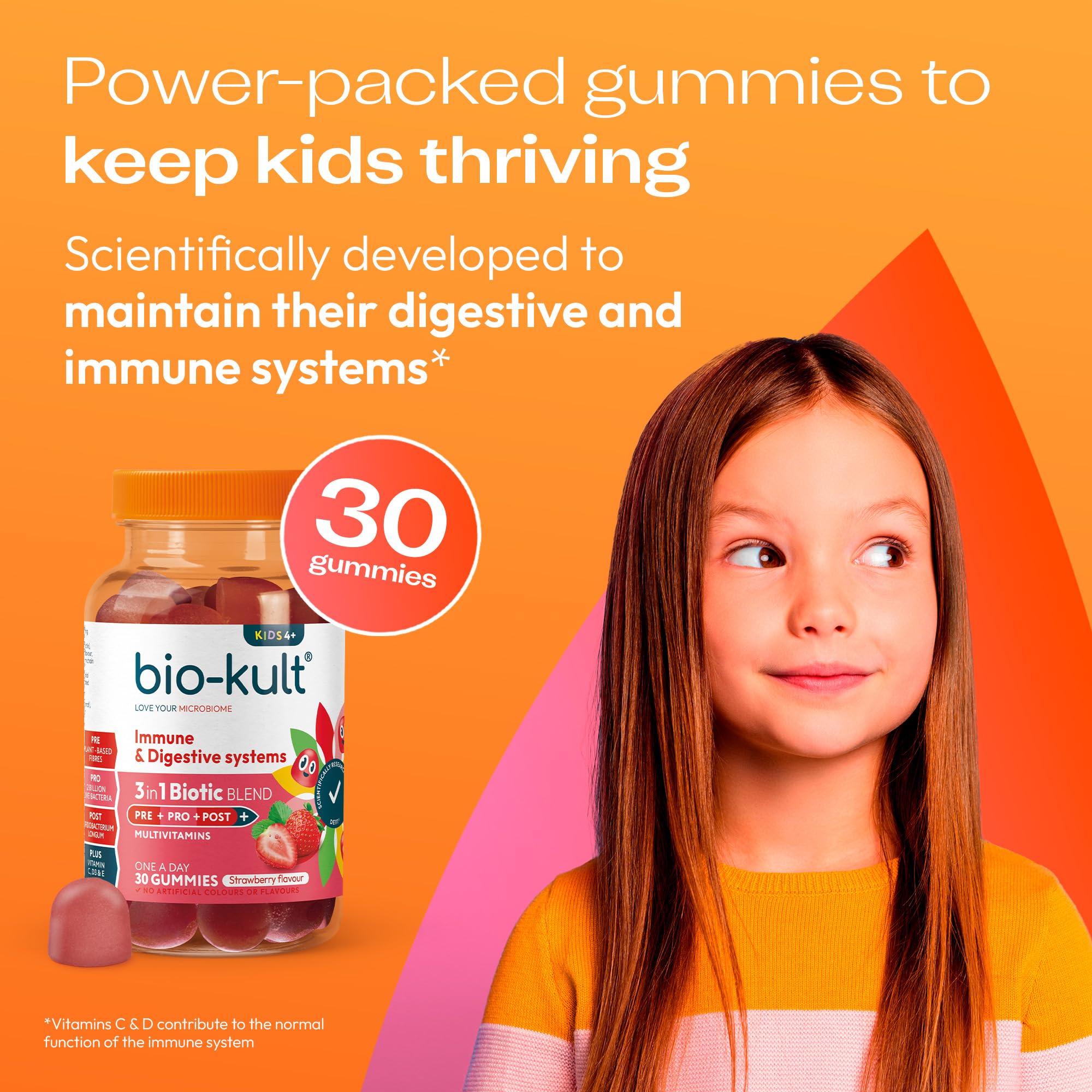 Bio-Kult 3in1 Gut Health Gummies for Kids - Probiotic & Multivitamin - Strawberry - 30 Count - Ages 4+ - 2 Billion CFU - New - BBE 07/2026