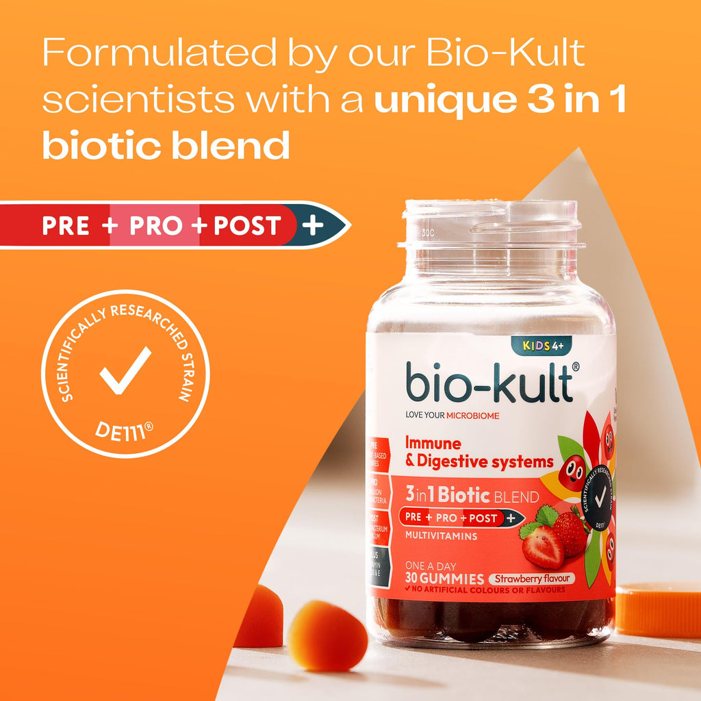 Bio-Kult 3in1 Gut Health Gummies for Kids - Probiotic & Multivitamin - Strawberry - 30 Count - Ages 4+ - 2 Billion CFU - New - BBE 07/2026
