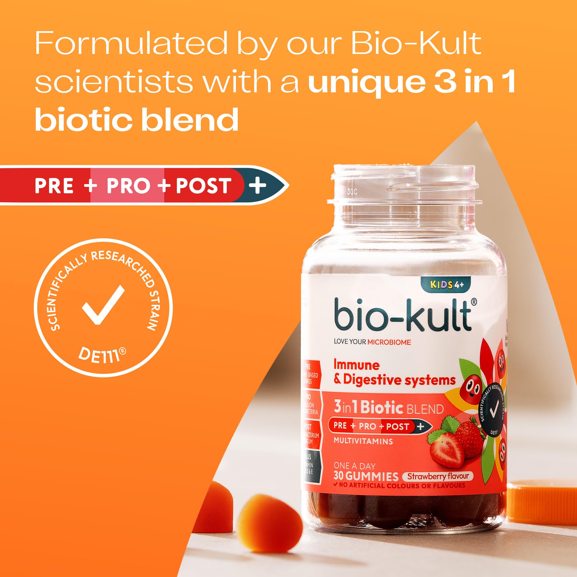 Bio-Kult 3in1 Gut Health Gummies for Kids - Probiotic & Multivitamin - Strawberry - 30 Count - Ages 4+ - 2 Billion CFU - New - BBE 07/2026