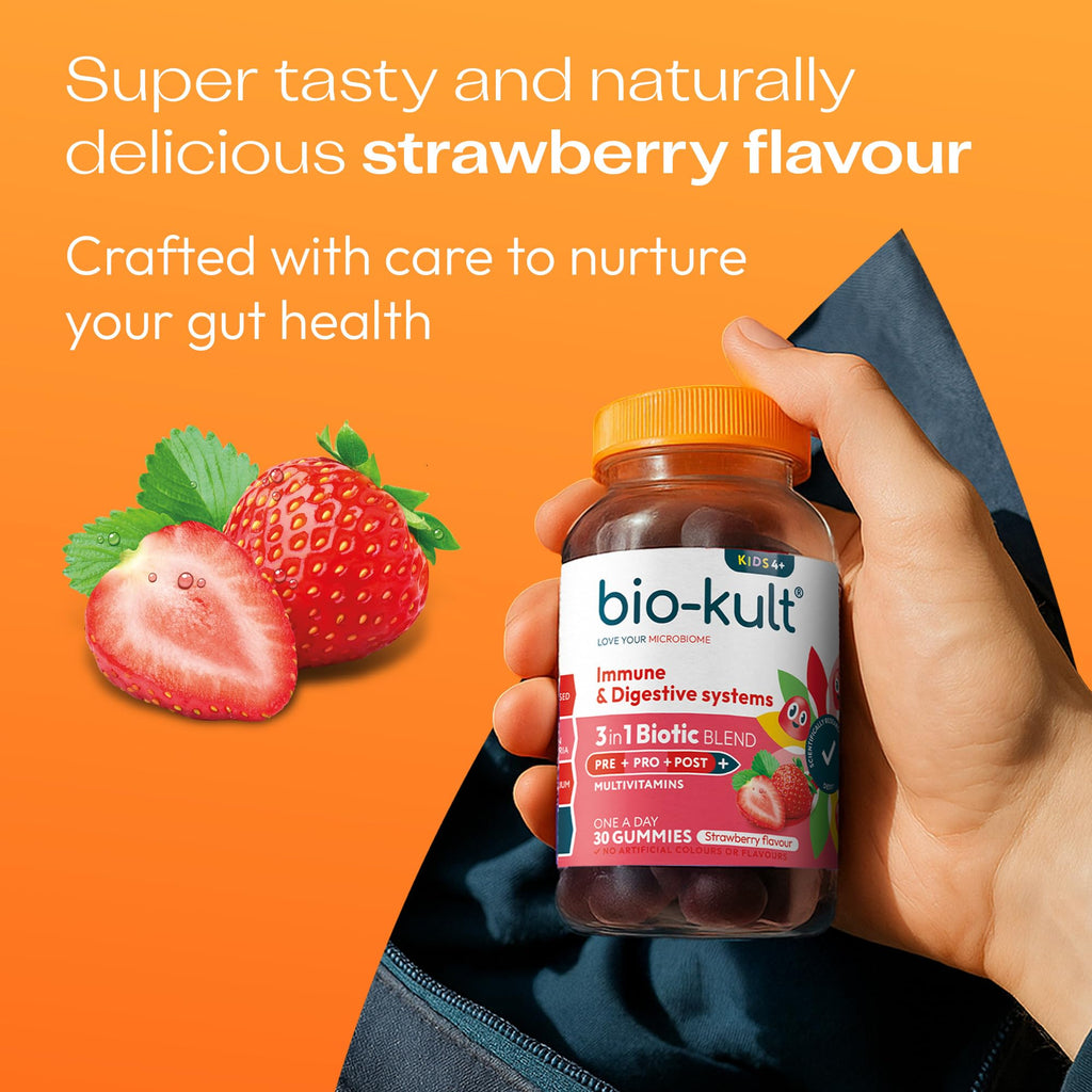 Bio-Kult 3in1 Gut Health Gummies for Kids - Probiotic & Multivitamin - Strawberry - 30 Count - Ages 4+ - 2 Billion CFU - New - BBE 07/2026